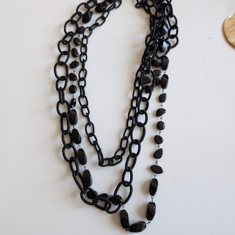 All Black Bead and Fabric chain layer, Statement Necklace